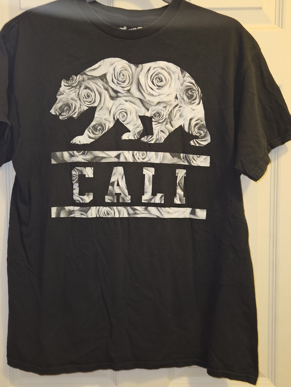 Men's Black Short-Sleeve Graphic Tee with Floral Bear and CALI Print